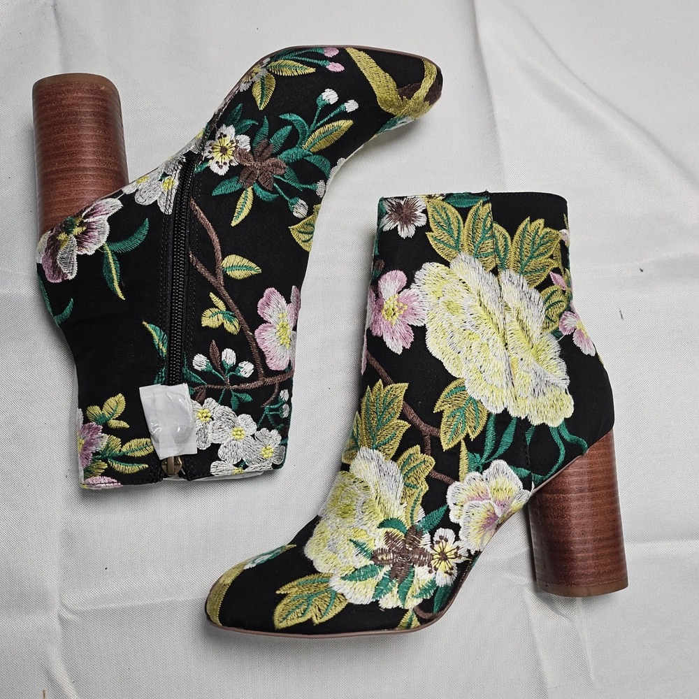 Sole Society Mulholland Green Embroidery Floral Ankle Boot Chunky Heel Women 5.5